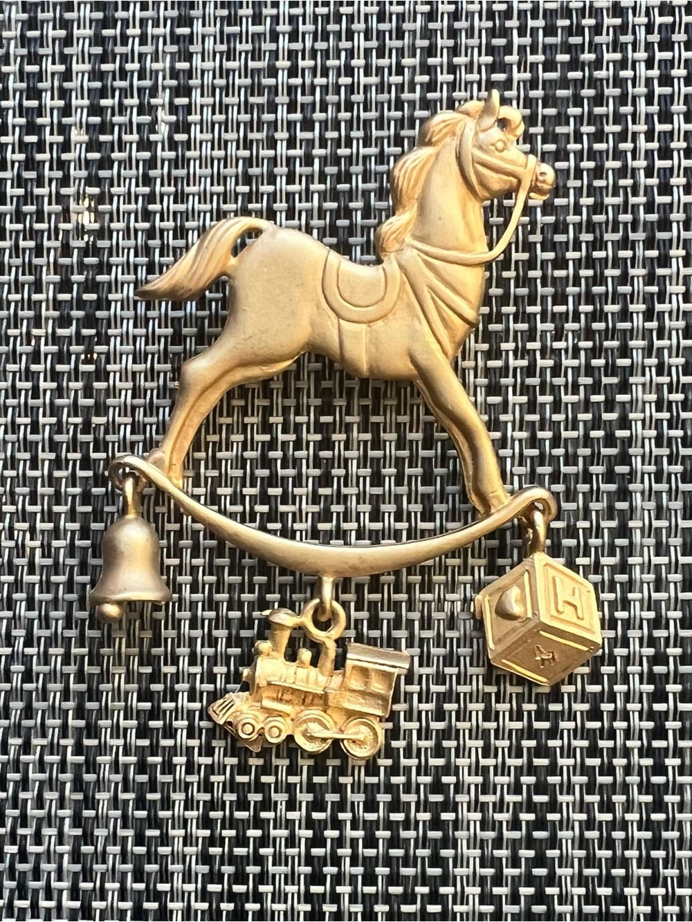 Gold Horse Carousel Brooch with Train & Block Charms